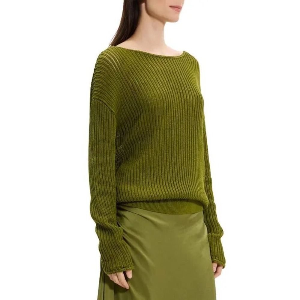 Theory 100% Pima Cotton Open Knit Ribbed Sweater Boat Neck P0614705 Small Green